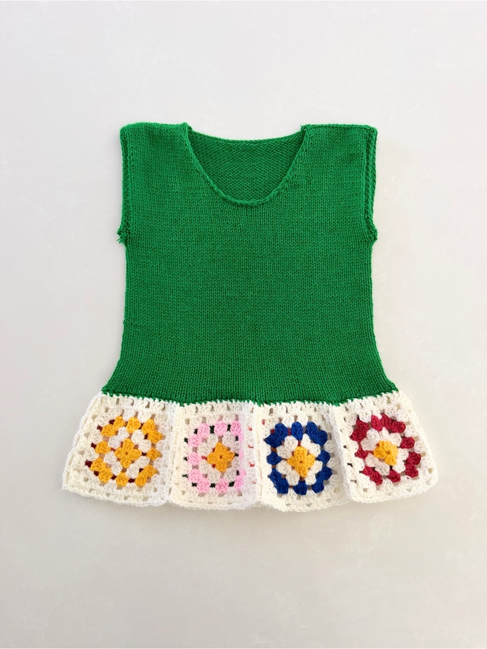 Handmade Knit & Crochet Toddler Dress/Tunic - Green Granny Squares • Size 2T/3T